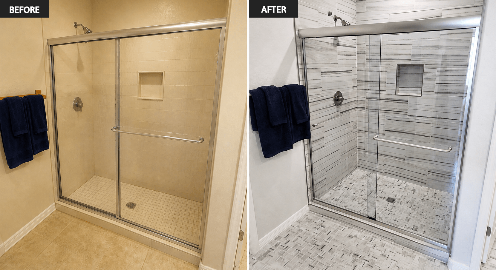 Before and after photo of a remodeled shower.