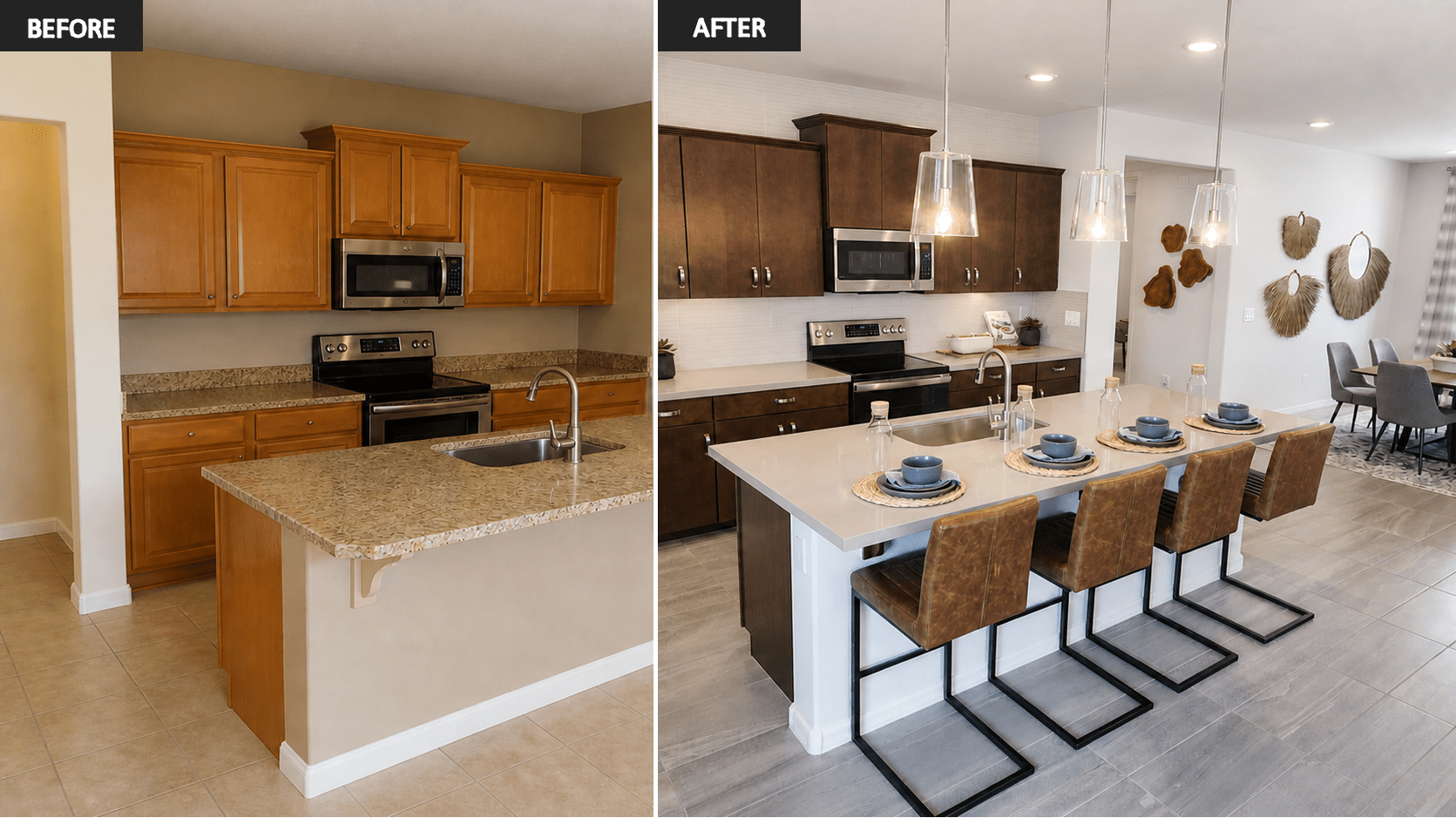 Before and after photo of a remodeled kitchen.