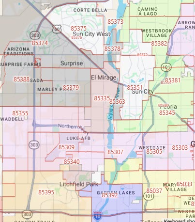 Service areas with city and zip codes.